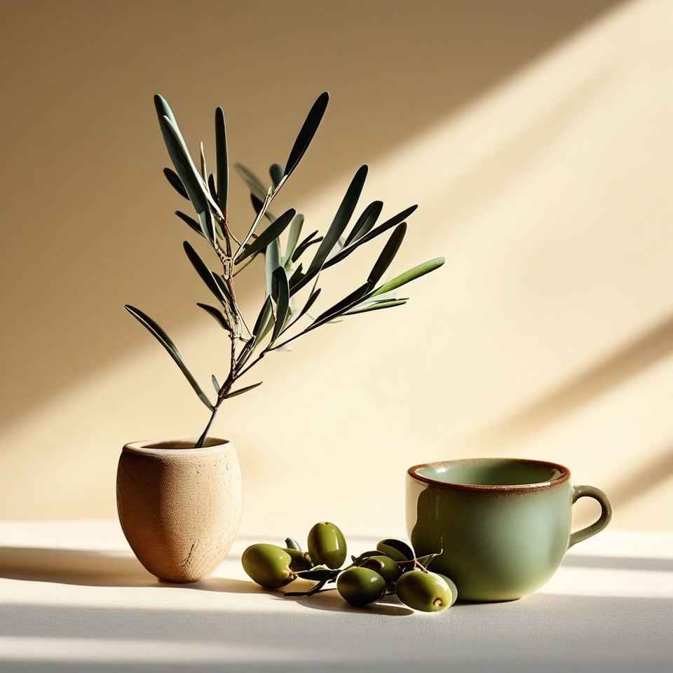 Yumuşak gün ışığında bir masada zeytin dalı, seramik kupa ve birkaç yeşil zeytin